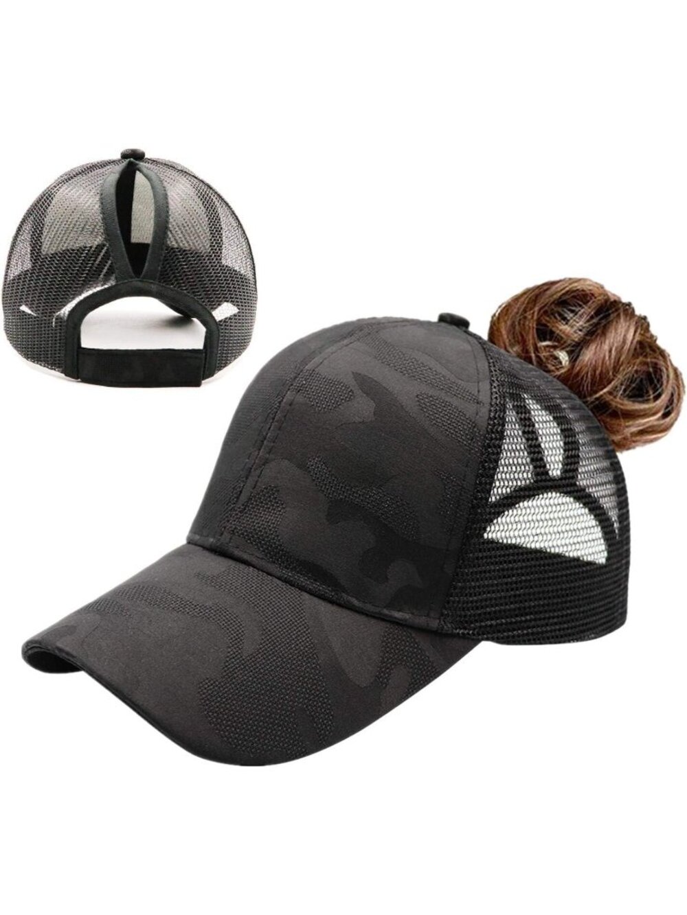 〽️Women's Black High Ponytail Baseball Cap Trucker Bad Hair Day Adjustable